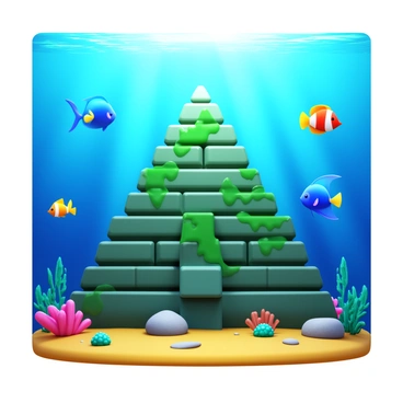 A pyramid submerged underwater, covered in a layer of algae. The water is clear, revealing the detailed structure of the pyramid with its stone blocks. Colorful fish of various species, including vibrant clownfish, blue tangs, and yellow tangs, swim gracefully around the pyramid. Sunlight filters down from the surface, creating shimmering patterns on the sandy ocean floor. Coral formations and seaweed are scattered nearby, adding to the underwater scenery.