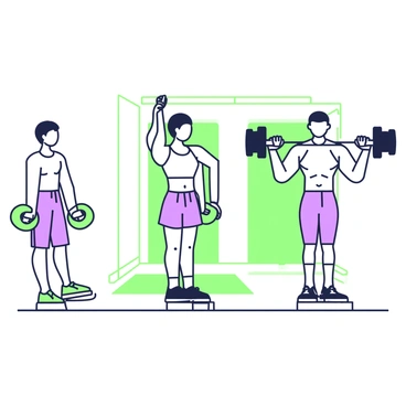An illustration depicting the progression of lateral raises from beginner to advanced levels. On the left side, a beginner is performing the exercise with light green weights, demonstrating proper form with arms raised laterally at shoulder height. In the middle section, an intermediate individual is performing the same movement with slightly heavier weights, showing a more intense focus and muscle engagement. On the right side, an advanced practitioner is executing the lateral raise with significantly heavier weights, emphasizing strength and stability. The background features a simple gym setup with a mirrored wall and floor mats. Each individual is in a separate stance, highlighting their progression in skill and strength.