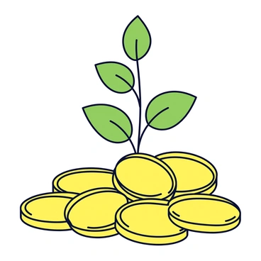 A small green plant with delicate leaves is emerging from a pile of shiny gold coins. The plant stands upright, showcasing its vibrant growth, while the coins are stacked haphazardly around the base, reflecting light. The scene emphasizes the contrast between the organic shape of the plant and the smooth, circular forms of the coins. The background is a simple white, making the plant and coins the focal point of the image.