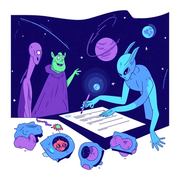 A blue alien with six arms is using two of its arms to hold a glowing pen, while it signs a large translucent document floating in space. Across from it, a green representative with antennae is watching intently, with a small orb of light hovering above its head. On the left side, a tall purple figure with elongated features is pointing at a specific clause on the document, while a small red creature with large eyes is bouncing excitedly nearby. Stars twinkle in the dark background, creating a sense of vastness around the scene. Each representative is surrounded by small holographic displays showing their respective planets.