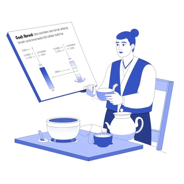 A tea master is elegantly brewing tea in a traditional setting. The master is dressed in traditional attire, focusing intently on the tea leaves steeping in a glass teapot. The teapot is placed on a wooden table, surrounded by various tea utensils. In the background, a visible formula for perfect steeping time is displayed, with clear measurements and indicators, enhancing the atmosphere of the scene. The overall composition captures the concentration and artistry involved in the tea-making process.