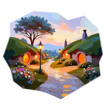 A winding path meanders through Hobbiton, lined with quaint, round Hobbit holes nestled into lush green hills. Small lampposts with glowing lights illuminate the path, casting a warm, inviting glow as evening descends. The sky transitions into shades of deep blue and orange, hinting at the setting sun. Nearby, colorful flowers bloom along the edges of the path, and the silhouette of a distant tree adds to the enchanting atmosphere. The scene evokes a sense of peacefulness and charm, inviting travelers to explore this magical setting.