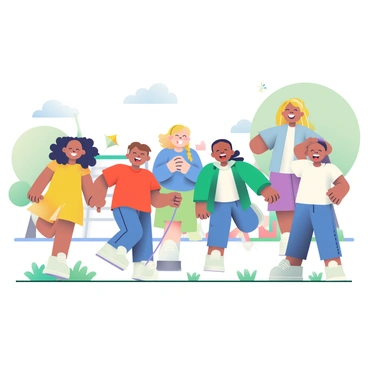A group of children of diverse backgrounds is playing together joyfully in a schoolyard. There are six children: a girl with curly black hair wearing a yellow dress, a boy with straight brown hair in a red t-shirt, a girl with braided blonde hair dressed in a blue shirt and jeans, a boy with short black hair in a green hoodie, a girl with long wavy brown hair wearing a purple skirt, and a boy with crew-cut hair in a white t-shirt. The children are engaged in various activities, such as playing tag, jumping rope, and flying a colorful kite. The schoolyard has a grassy area, a few trees providing shade, and a colorful playground structure visible in the background. Laughter and cheerful expressions are evident on their faces as they enjoy their time together.