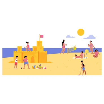 A sunny beach scene with golden sand stretching across the foreground. Several people are enjoying the warm weather; a family is building a large, detailed sandcastle near the shoreline, complete with towers and flags. In the background, a group of individuals are playing beach volleyball, while others are lounging on colorful beach towels under vibrant umbrellas. The blue sea gently laps at the shore, with a few children splashing in the water. A bright sun shines overhead, casting cheerful shadows on the sand.