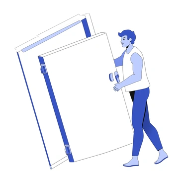 A person is shown pushing against a heavy door with their shoulder. The door is slightly ajar, and the individual's facial expression reflects concentration and effort. The door hinges are visible, emphasizing the pressure applied at the hinge point. The person's hands grip the edge of the door, showcasing their effort to move the weight. The surrounding area is minimal, focusing attention on the interaction between the person and the door.