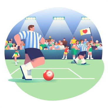 A kickball match is taking place on a well-maintained field illuminated by bright stadium lights. In the foreground, a player with short brown hair is preparing to kick a large, red kickball. The player is wearing a blue jersey with white stripes and black shorts. In the background, a cheering crowd is visible, waving colorful banners and wearing matching team colors. Some spectators are standing, while others are seated, creating an energetic atmosphere. The night sky is clear, and the stadium's lights cast a warm glow over the scene.