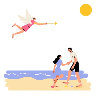 A cupidon with delicate wings, wearing a light pink tunic, is playfully flying over a sandy beach. The sun shines brightly in the sky, casting warm light on the scene. Below, two people, a man and a woman, are walking hand in hand along the shore. The woman has long, flowing hair and a light blue dress, while the man is wearing a white shirt and shorts. The cupidon is aiming a golden arrow at them, with a mischievous smile on his face. Gentle waves lap at the shore, and there are a few seashells scattered in the sand around their feet.