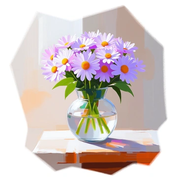A clear glass vase on a wooden table, filled with freshly cut aster flowers