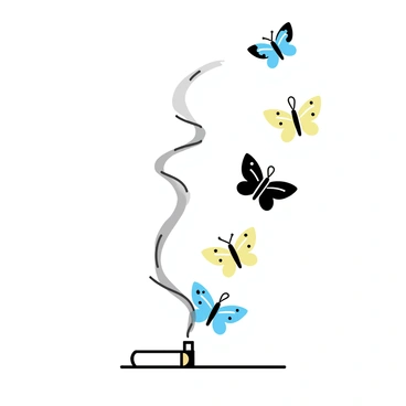 A swirl of "cigarette smoke" rises from a small, white cigarette resting on a flat surface. The smoke gradually transforms into "delicate butterflies" emerging from the vapor. Each butterfly is detailed with intricate patterns on its wings, showcasing shades of blue, yellow, and black. The butterflies gracefully take flight, their wings slightly spread as they ascend into the air above the cigarette. The background remains simple and unobtrusive to emphasize the evolution of the smoke into these butterflies.