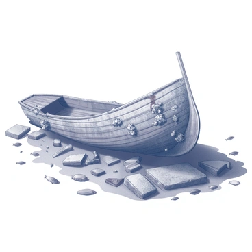 An ancient shipwreck lies partially submerged beneath the surface of water. The wooden hull is warped and splintered, displaying signs of significant corrosion. The texture of the wood is rough and uneven, with visible patches of deterioration caused by acidic waters. Barnacles and marine growth cling to the structure, indicating it has been underwater for an extended period. Scattered debris from the ship, including broken planks and rusted metal pieces, surrounds the wreck. The area is filled with small fish swimming around, creating a sense of life in the otherwise decaying scene.