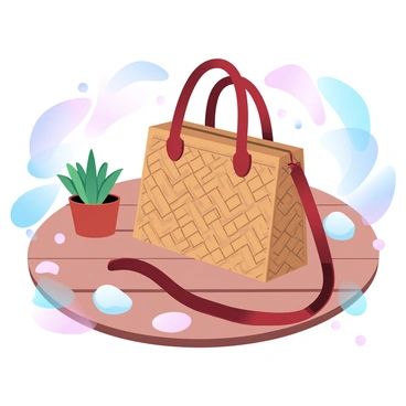 An illustration of a trendy woven handbag resting on a table, emphasizing the texture of the straw.