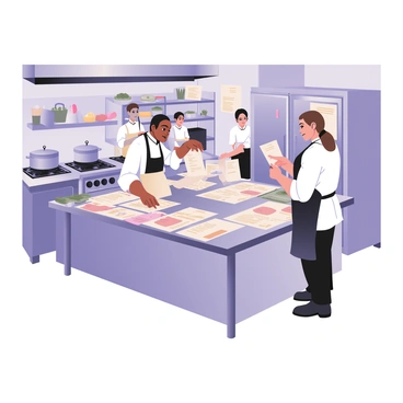 A restaurant kitchen filled with chefs reviewing menus and customer feedback. In the foreground, two chefs are standing at a large stainless steel table covered with various printed menus and feedback forms. One chef, with medium skin and short black hair, is wearing a white chef coat and black pants, examining a menu closely. The other chef, with light skin and long brown hair tied back, is wearing a black apron over a white shirt, pointing at a feedback form. Behind them, a large stove with pots simmering and a refrigerator with magnets is visible. Various ingredients, such as fresh vegetables and herbs, are neatly arranged on shelves around the kitchen. The atmosphere is busy and focused, with other kitchen staff seen preparing food in the background.