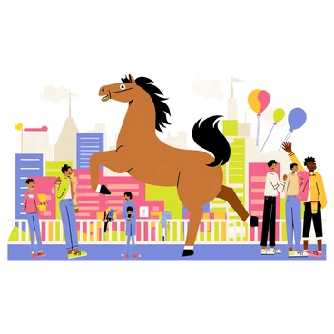 A bucking horse with a shiny brown coat is leaping into the air, its mane and tail flowing dramatically. The horse is surrounded by a vibrant cityscape filled with colorful buildings. People in festive clothing are standing in awe along the sidelines, some with their hands raised in excitement and surprise. Balloons and banners flutter in the background, adding to the lively atmosphere of the unexpected parade. The sunlight casts bright shadows, highlighting the energy of the moment.