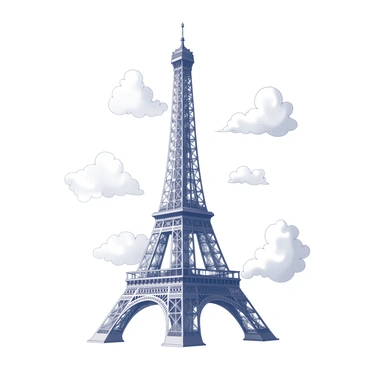 A fine-line illustration of the Eiffel Tower surrounded by delicate clouds.