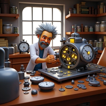 An eccentric scientist with wild, unkempt hair is working on a time machine in a cluttered workshop. The room is filled with various clocks, each displaying different times, and numerous gears scattered across the workbench. The time machine is a complex, metallic structure with glowing elements and intricate designs. The walls of the workshop are lined with shelves filled with jars of mysterious substances and old books. A large window lets in dim light, casting shadows across the chaotic workspace.