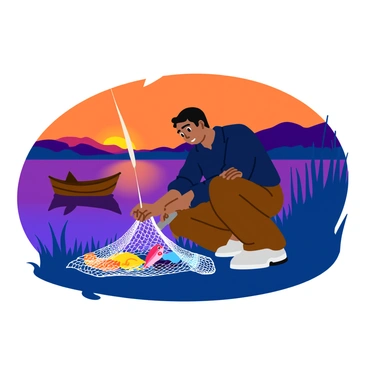 A fisherman in a dark blue shirt and brown pants is quietly crouched by the water's edge, carefully slicing through a rival's fishing net with a sharp knife. The net is slightly tangled with various bright-colored fish caught within it, their scales glistening in the low light. The sky is transitioning from orange to deep purple as the sun sets, casting long shadows on the ground. Surrounding the scene are silhouettes of tall grasses swaying gently in the evening breeze. A small wooden boat is partially visible in the background, floating silently on the water's surface.