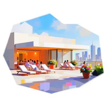 A stylish hotel annex featuring a modern architectural design stands prominently. The rooftop terrace is bustling with guests enjoying the ambiance. There are several lounge chairs and small tables scattered around, with guests sitting and sipping drinks. Some individuals are engaged in conversation, while others are taking in the view. Potted plants and colorful flowers add a touch of greenery to the terrace. In the background, the skyline of a city is visible, with tall buildings under a clear blue sky.