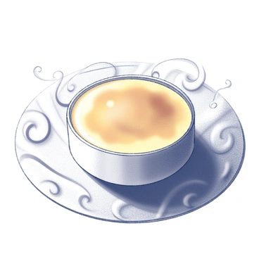 A crème brûlée displayed on a textured surface. The dessert is served in a shallow, round ramekin with a golden, caramelized sugar crust on top. Exaggerated swirls and patterns surround the dish, creating a dynamic flow around it. The focus is on the smooth, creamy texture of the custard as it reflects light. The contrasting surface emphasizes the shape and details of the crème brûlée.