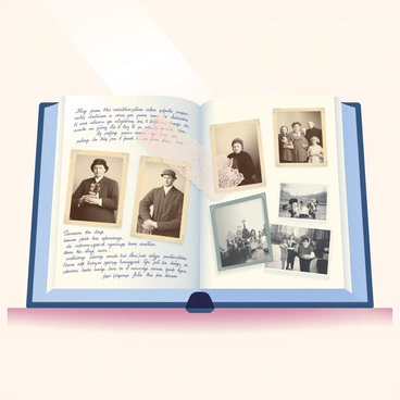 An open photo album with vintage photographs and handwritten notes