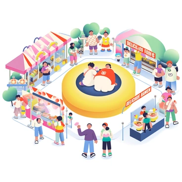 A lively sumo-themed festival is taking place in an open area filled with families enjoying the festivities. Colorful banners featuring sumo wrestlers decorate the tents and food stands. There is a large inflatable sumo ring set up in the center where children are trying on oversized sumo costumes and playfully wrestling. Various food stands line the pathway, offering traditional Japanese snacks such as takoyaki and cotton candy. Families are gathered around a stand selling steaming bowls of ramen, with a sign reading "Delicious Ramen" in bold letters. Children are laughing and playing games, while parents watch and take photos, capturing the joyful atmosphere of the event.