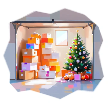 A garage interior featuring neatly organized boxes filled with holiday decorations. The boxes are stacked systematically on wooden shelves against the wall, each labeled with the season or occasion it represents. Some boxes are brightly decorated, showcasing images of snowflakes, pumpkins, or festive ornaments. In one corner, there is a large artificial Christmas tree, partially wrapped in lights. The floor is clean and clear, with a few scattered ribbons and ornaments, while natural light streams in through a small window, illuminating the space.