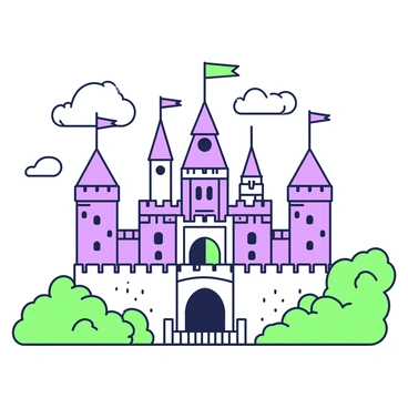 A grand medieval castle stands majestically against a clear sky. The structure features multiple towers, each adorned with pointed roofs and flags fluttering at their peaks. The walls are thick and formidable, showcasing a series of battlements that create a sense of strength and protection. Surrounding the castle is a wide moat with a drawbridge leading to the entrance. Lush greenery can be seen in the foreground, framing the castle, while a few clouds drift lazily above. The castle's facade is detailed with windows and stonework that highlight its historical significance.