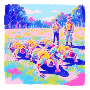 A group of soldiers in military uniforms is positioned on a grassy field, performing push-ups in unison. Each soldier displays discipline and focus, with their bodies aligned in straight lines. The uniforms are camouflage-patterned, and they wear sturdy boots. In the background, there are trees and a clear blue sky. A sergeant stands nearby, observing and encouraging them, holding a stopwatch in one hand. The scene captures the intensity and teamwork of the fitness drill.