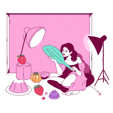 A pink photography studio is filled with various jelly illustrations positioned artfully around the space. The jelly illustrations are vibrant and detailed, showcasing different flavors like strawberry, grape, and orange. In the center of the room, a model poses playfully with a large teal jelly prop, holding it up to her face as if she is about to take a bite. Additional jelly props with bright colors are arranged around her, creating a cheerful and whimsical atmosphere. The studio lighting casts soft shadows that enhance the textures and colors of the jelly illustrations.