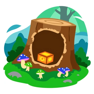 A large hollow tree stump sits in a vibrant green forest clearing. The stump is rich in texture, with rough, weathered bark and a wide opening that reveals the insides. Inside the stump, there is a small, ornate box with intricate carvings on its surface. Surrounding the box are several glowing mushrooms, each emitting a soft, luminescent light in shades of blue and green. The forest floor is covered with a blanket of lush moss, and sunlight filters through the leaves above, creating dappled patterns of light around the clearing.