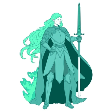 A teal Galadriel in intricate battle armor stands confidently with a shimmering sword held aloft in her right hand. Her armor is delicately adorned with ornate designs that reflect her elven heritage, combining both functionality and elegance. Her long hair flows behind her, catching the light and creating a striking contrast against the armor. Her determined expression conveys strength and bravery as she prepares to defend her realm. In the background, the scene is set with hints of her lush, enchanted homeland, emphasizing her guardian role.