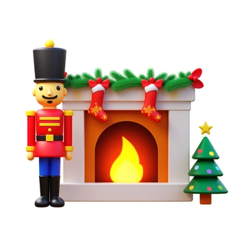 A nutcracker-style toy soldier standing guard beside a decorated fireplace. The toy soldier has a bright red jacket with golden buttons and a tall black hat with a gold tassel. The fireplace is adorned with green pine garlands and red bows. Stockings hang from the mantel, each featuring festive patterns. A warm glow emanates from the fire, casting flickering shadows around the room. Nearby, a small Christmas tree is decorated with colorful ornaments and twinkling lights.
