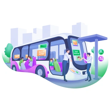 A modern pastel illustration of a smart bus with sleek design and large windows. The bus is parked at a bus stop, with an AI assistant displayed on a digital screen inside, showing a friendly face and the words "How can I assist you today?" in a speech bubble. Passengers, including a family with kids and a businessperson, are interacting with the AI, looking at the screen curiously. The background features a city street with trees and buildings, giving a lively urban atmosphere.