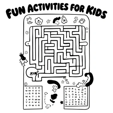 A printed activity page featuring a large, intricate maze in the center with a clear starting point and a defined endpoint. Various cartoonish animals are scattered throughout the maze, each representing different puzzle challenges. A word search grid is positioned in one corner, filled with simple animal names. There are dotted lines leading to a connect-the-dots image of a playful puppy in the opposite corner. On the top of the page, the words "Fun Activities for Kids" are prominently displayed in bold, playful lettering.
