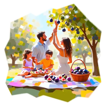 A family of four is picking figs in a sunny orchard filled with lush green trees. The parents, a man with short dark hair wearing a light blue shirt and a woman with long brown hair in a sundress, are reaching up to pluck ripe figs from the branches. Their two children, a boy with curly hair in a yellow t-shirt and a girl wearing a pink dress, are happily gathering the fruit in small baskets. Vintage picnic blankets are laid out on the grass under the trees, featuring colorful patterns, and a wicker basket filled with fresh figs is positioned nearby, invitingly open. Sunlight filters through the leaves, casting dappled shadows on the ground.