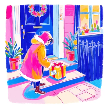 A person is quietly approaching a front door with a small, neatly wrapped gift. The gift is tied with a bright red ribbon and has a handwritten note attached to it. The person's face is partially hidden by a hooded coat. They are placing the gift gently on the doorstep, making sure it is stable. In the background, the house has decorative features, such as a wreath on the door and potted plants on either side of the entrance. The scene conveys a sense of secrecy and thoughtfulness.