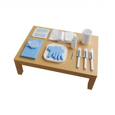 A phlebotomist's kit arranged neatly on a wooden table. The kit includes a pair of blue disposable gloves, a stack of white bandages, and several sterile needles in individual plastic packaging. There are also alcohol swabs and a small sharps container for disposing of used needles. The setting is well-lit, highlighting the medical equipment and creating a clinical atmosphere.