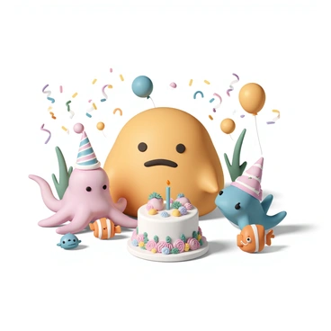 A blobfish, with its characteristic bulbous shape and a slightly frowning expression, is sitting in the middle of an underwater scene. The blobfish is surrounded by colorful party decorations, including streamers and balloons floating around it. A large, whimsical sea cake decorated with colorful coral and edible pearls is placed in front of the blobfish, with candles atop it ready to be blown out. Several sea creatures, including a happy octopus wearing a vibrant party hat and a cheerful clownfish sporting a small cone hat, are gathered around the cake, all appearing to celebrate. The scene is filled with bright colors and lively interactions among the sea creatures, highlighting the festive atmosphere.