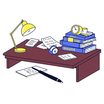 A lawyer's desk piled high with law books and notes, ready for court preparation