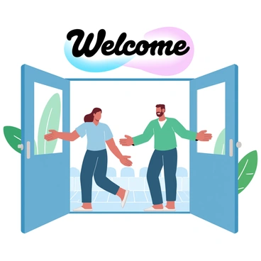A welcoming entrance to a homeless shelter is depicted with open doors invitingly ajar. Brightly colored banners hang above the entrance, featuring the words "Welcome" in large, friendly letters. Inside, a pair of staff members stand with open arms, smiling warmly at the new arrivals. One staff member is wearing a blue uniform, while the other is in a green shirt, both embodying a sense of readiness to assist. A large indoor plant is positioned nearby, adding a touch of greenery to the space. Several comfortable chairs are arranged in a cozy seating area that can be seen through the entrance.