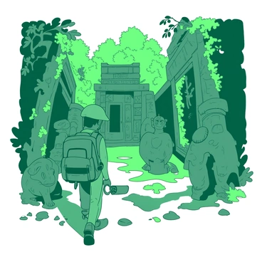 A young explorer named "Maveli" is walking through an overgrown path leading to "ancient ruins" covered in vines and moss. Maveli is wearing a green explorer's outfit with a backpack and holds a flashlight in one hand. In front of Maveli, there are several "intricately carved stone statues" depicting mythical creatures and ancient deities. The statues are partially obscured by foliage, and Maveli gazes in awe at the details of the carvings. The scene is illuminated by soft light filtering through the trees above, casting shadows across the stones.