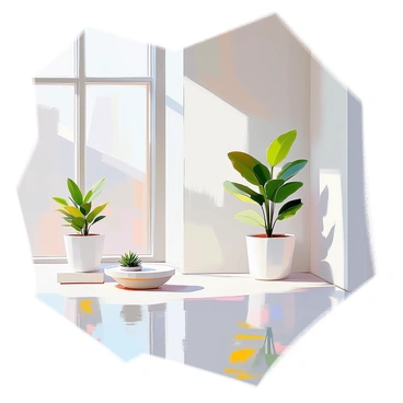 A minimalist white room featuring smooth, white walls and a clean, bright floor. The space is adorned with a few strategically placed house plants, including a tall fiddle leaf fig in one corner and a small succulent on a simple white shelf. Light streams in through large windows, casting soft shadows on the floor. The overall atmosphere is calming and uncluttered, highlighting the beauty of the plants against the pristine backdrop.