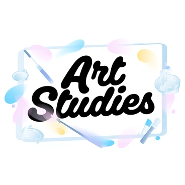 A syllabus titled "Art Studies" is displayed prominently in the center. Surrounding the title are various colorful paint splatters in shades of blue, pink, and yellow. Scattered around the main text are detailed sketches of paintbrushes, palettes, and easels, all rendered in soft lines and muted colors. The background features a gentle gradient of pastel hues that enhances the vibrant elements.