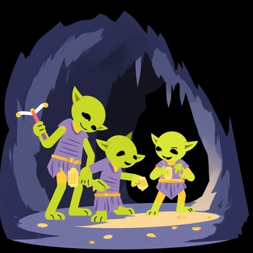 A group of three goblins, each with green skin and pointed ears, is exploring a dimly lit cave. They hold glowing lanterns that illuminate the rocky walls around them. One goblin is swinging a pickaxe, while another examines the ground closely, searching for treasures. The third goblin is peering into a shadowy crevice, intrigued by the potential discoveries. Stalactites hang from the ceiling, and the ground is uneven with scattered stones and dirt. The atmosphere is adventurous and curious as the goblins delve deeper into the cave.