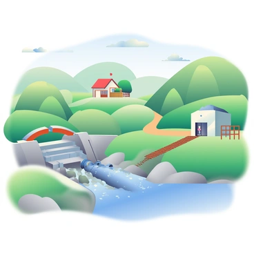 A small-scale hydroelectric setup is situated in a rural area surrounded by lush green trees and gently sloping hills. In the foreground, a narrow river flows steadily, with clear water reflecting the sunlight. A small dam made of stone and concrete is visible in the river, creating a small reservoir on one side. A turbine house, painted in light blue, is adjacent to the dam, with pipes leading from the water source into the structure. Nearby, a wooden walkway leads to a small wooden shed, which houses electrical equipment. The sky above is clear with a few fluffy white clouds. A dirt path runs along the edge of the river, leading to a nearby farmhouse in the background with a small garden.
