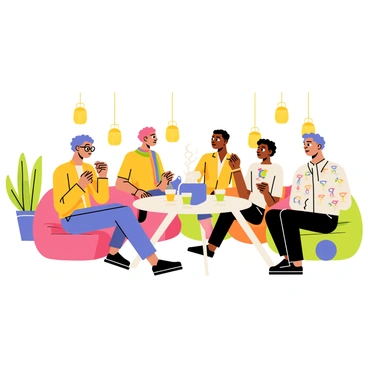 A group of six people sitting in a circle on colorful cushions, engaged in sharing stories about their gender identities. Each person has a unique appearance; one has bright purple hair, another wears glasses and has a rainbow scarf. A third individual has a patterned shirt with various symbols representing gender diversity. The setting includes potted plants and soft lighting from hanging lanterns, enhancing the supportive atmosphere. In the center, there is a round table holding a steaming pot of tea and several cups.