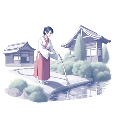 A miko dressed in traditional white and red ceremonial clothing stands alongside a sacred stream. She is holding a bamboo ladle, poised to pour water as part of the purification ceremony. The stream flows gently, surrounded by lush greenery, with reflections cast on the surface of the water. The shrine is visible in the background, featuring a thatched roof and wooden beams. The atmosphere conveys a sense of solemnity and reverence, with the miko focused on her ritualistic task.