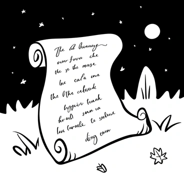 A parchment scroll unfurled on the ground, displaying intricate, glowing script across its surface. The scroll is textured with visible fibers and aged edges. Moonlight casts soft shadows, illuminating the script, making it appear ethereal. Surrounding the scroll, there are fallen leaves and sparse grass, adding to the natural setting. In the background, faint silhouettes of trees stand against the night sky, enhancing the atmosphere of the scene.