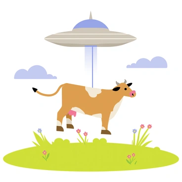 A brown and white spotted cow is being beamed up into a metallic flying saucer hovering above a green field. The flying saucer has a shiny surface and emits a blue beam of light that is enveloping the cow. Fluffy white clouds are scattered across a bright blue sky. The field has patches of vibrant green grass and a few colorful wildflowers scattered throughout. The scene captures the moment of abduction in a playful and whimsical manner.