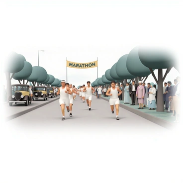A scene depicting a marathon race from the early 1900s. Runners are wearing vintage athletic gear, including white tank tops and long shorts. Some have caps or headbands, while others are wearing leather shoes. In the background, there are spectators dressed in formal attire, such as suits and dresses, observing the race. The ambiance includes vintage cars parked along the route and trees lining the side of the road. A banner with the words "Marathon" hangs above the finish line, while the runners are sprinting energetically toward it.