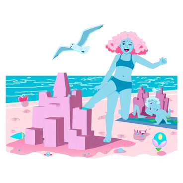 A young child with curly blonde hair is gleefully kicking over a sandcastle on a sunny beach. The child is wearing a bright blue swimsuit and has a huge smile on their face. The sandcastle is intricately built with towers and walls, now crumbling as the child's foot makes contact. In the background, the ocean sparkles under the sunlight, and there are a few seagulls flying in the sky. Colorful beach toys are scattered around, and a family can be seen enjoying the day on beach towels nearby.